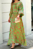 Red Green Casual Street Geometric Patchwork O Neck Three Quarter Two Pieces