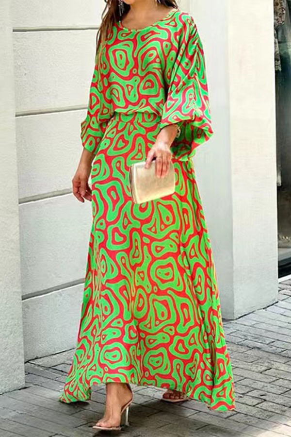 Red Green Casual Street Geometric Patchwork O Neck Three Quarter Two Pieces