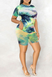 Green Casual Print Tie-dye O Neck Short Sleeve Two Pieces