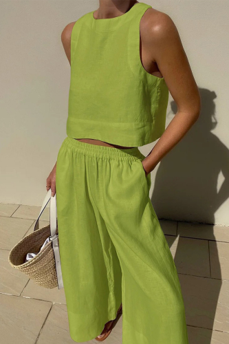Green Yellow Casual Simplicity Solid Solid Color O Neck Sleeveless Two Pieces