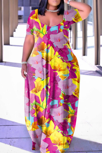 Fuchsia Casual Print Basic V Neck Short Sleeve Dress Dresses
