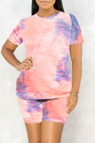 Red Casual Print Tie-dye O Neck Short Sleeve Two Pieces