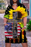 Black Yellow Casual Flag Stars Print V Neck Short Sleeve African Loose Straight Midi Dress