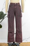 Brown Casual Solid Patchwork High Waist Regular Denim Jeans