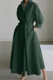 Army Green Casual Solid Patchwork V Neck Long Sleeve Dresses