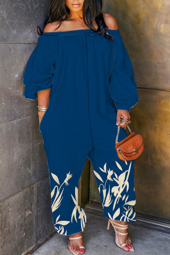 Tibetan Blue Casual Print Patchwork Off the Shoulder Regular Jumpsuits