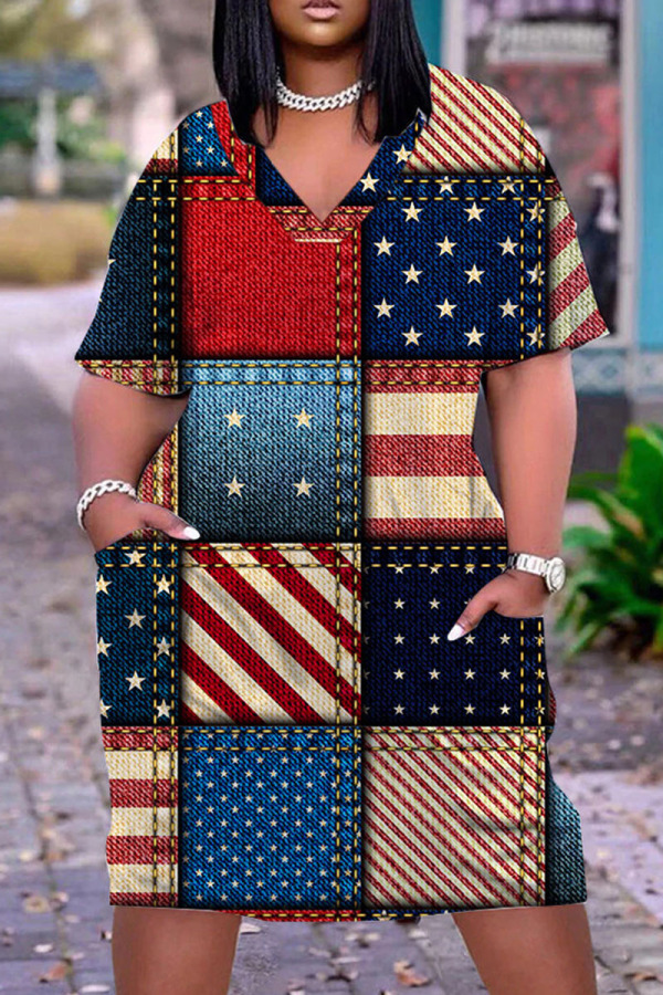 Multicolor Casual Flag Stars Print V Neck Short Sleeve African Loose Straight Midi Dress