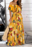 Yellow Leaf Print Dropped Shoulder Ruffle Tie Up Cinch Waist Casual Vacation Maxi Dress