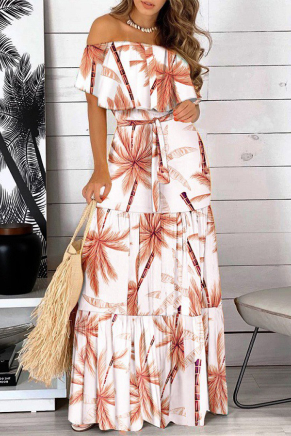 White Red Leaf Print Dropped Shoulder Ruffle Tie Up Cinch Waist Casual Vacation Maxi Dress