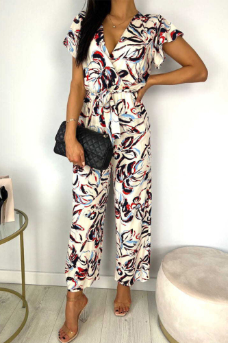 White Fashion Casual Printed Ruffle V Neck Loose Slim Jumpsuit