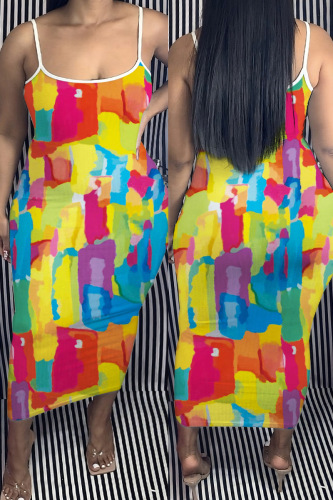Yellow Sexy Print Backless Spaghetti Strap Long Dress Plus Size Dresses