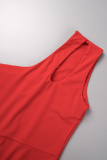 Red Sexy Solid Backless Slit Oblique Collar Sleeveless Dress Dresses