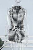 White Sexy Casual Striped Patchwork Zipper Collar Sleeveless Two Pieces