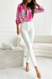 Rose Red Casual Print Patchwork Shirt Collar T-Shirts