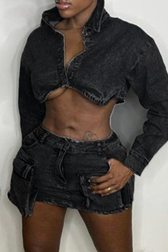 Black Casual Solid Patchwork Turndown Collar Long Sleeve Two Pieces