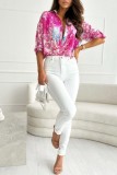 Rose Red Casual Print Patchwork Shirt Collar T-Shirts