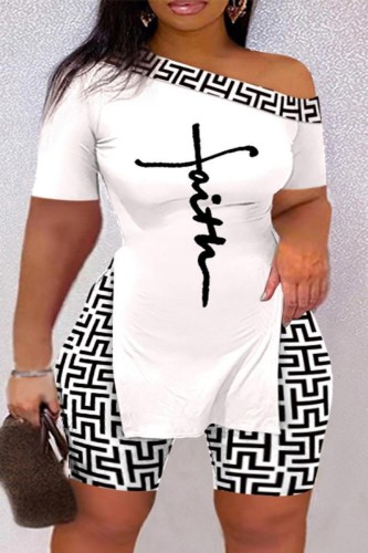 White Casual Print Slit Oblique Collar Plus Size Two Pieces