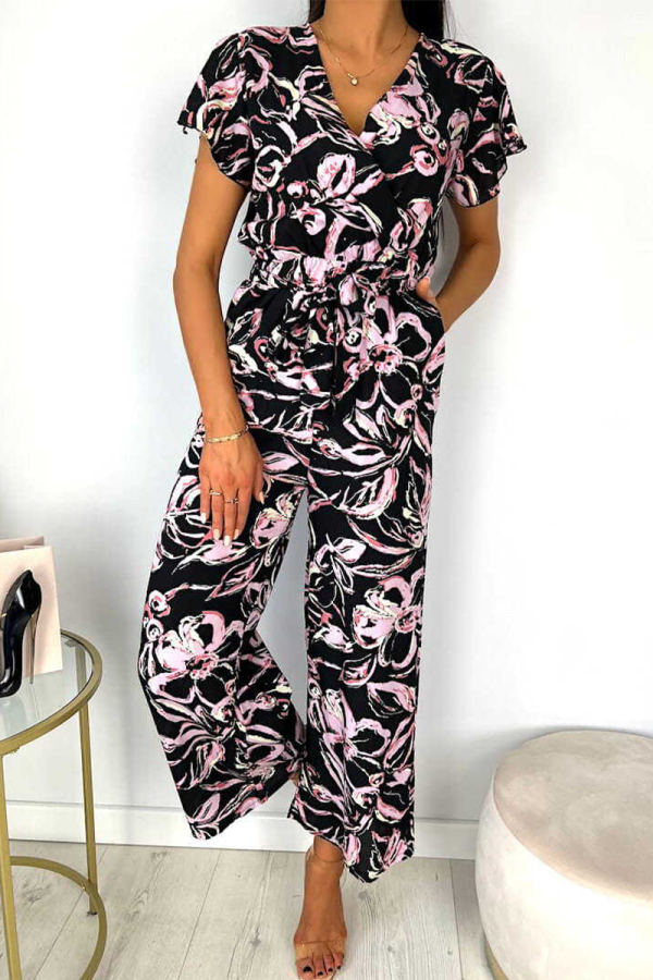 Black Fashion Casual Printed Ruffle V Neck Loose Slim Jumpsuit