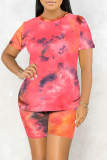 Tangerine Red Casual Print Tie-dye O Neck Short Sleeve Two Pieces
