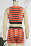 Tangerine Red Casual Striped Print Basic O Neck Sleeveless Two Pieces