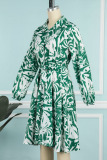 Green Casual Print Frenulum Buttons Shirt Collar Shirt Dress Dresses