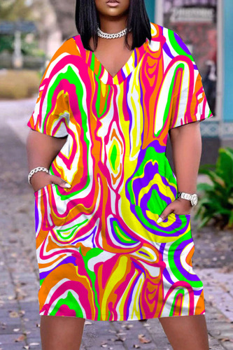 Orange Casual Print Basic V Neck Short Sleeve Dress