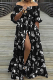 Black Casual Print Patchwork Slit Off the Shoulder Long Dress Dresses