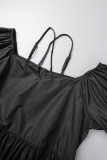 Black Casual Work Elegant Solid Pocket Fold Halter A Line Plus Size Dresses