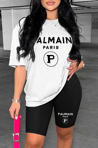 White Casual Print Letter O Neck Short Sleeve Two Pieces