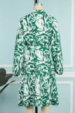 Green Casual Print Frenulum Buttons Shirt Collar Shirt Dress Dresses