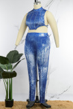 Blue Sexy Casual Print Basic Half A Turtleneck Sleeveless Two Pieces