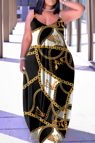 Black White Sexy Casual Print Backless Spaghetti Strap Long Dress Dresses
