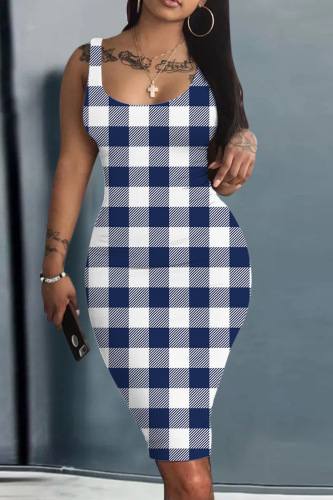 Blue White Casual Print Basic U Neck Vest Dress Dresses