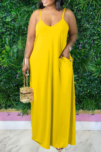 Yellow Sexy Casual Solid Backless Spaghetti Strap Long Dress Plus Size Dresses