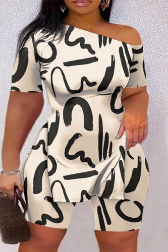 Apricot Casual Print Slit Oblique Collar Plus Size Two Pieces