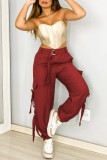 Burgundy Casual Solid Patchwork Regular High Waist Conventional Solid Color Trousers