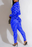 Blue Sexy Patchwork Hot Drilling See-through Zipper Collar Long Sleeve Two Pieces