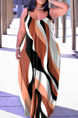 Coffee Sexy Casual Print Backless Spaghetti Strap Sleeveless Dress Dresses