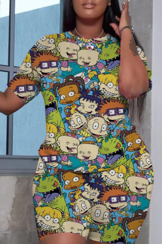 Cartoon Street Print Patchwork O Neck Short Sleeve Two Pieces