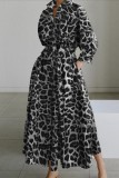 Khaki Casual Print Leopard Patchwork Turndown Collar Long Sleeve Dresses