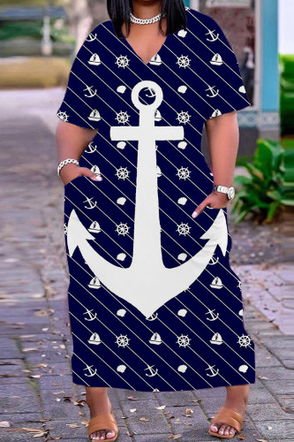 Dark Blue Casual Print Basic V Neck Short Sleeve Dress Dresses