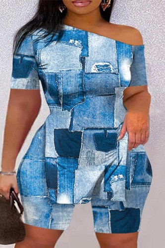 Blue Casual Print Slit Oblique Collar Plus Size Two Pieces