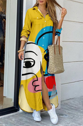 Yellow Elegant Print Pocket Buttons Slit Turndown Collar Shirt Dress Dresses
