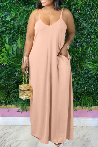 Apricot Sexy Casual Solid Backless Spaghetti Strap Long Dress Plus Size Dresses