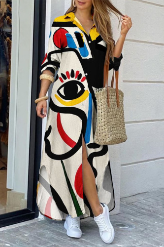 Multicolor Elegant Print Pocket Buttons Slit Turndown Collar Shirt Dress Dresses