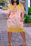 Yellow Casual Flag Stars Print V Neck Short Sleeve African Loose Straight Midi Dress