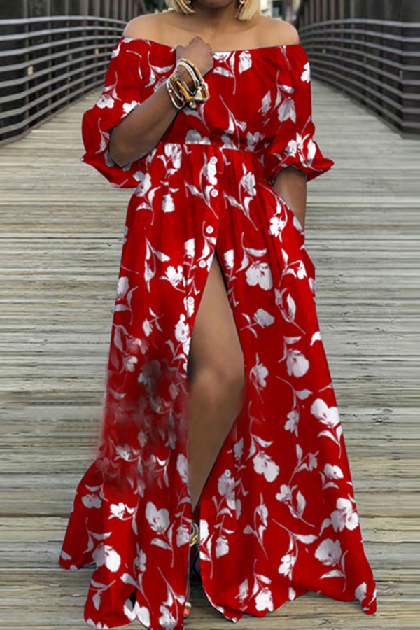 Red Casual Print Patchwork Slit Off the Shoulder Long Dress Dresses