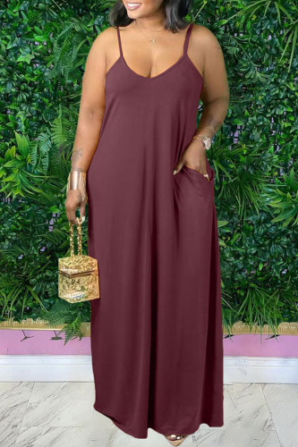 Brown Sexy Casual Solid Backless Spaghetti Strap Long Dress Plus Size Dresses