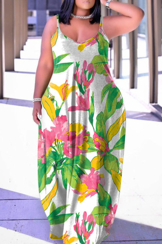 White Green Sexy Casual Print Backless Spaghetti Strap Sleeveless Dress Dresses