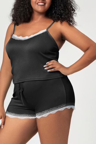 Black Sexy Print Lace Spaghetti Strap Sleeveless Two Pieces
